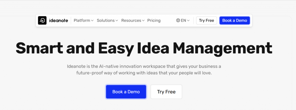 Ideanote homepage hero section featuring smart and easy idea management software with demo and free trial options.