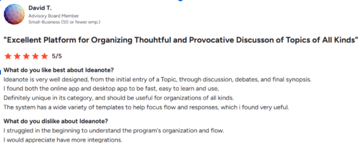 5-star user review for Ideanote innovation software praising its design, ease of use, and discussion templates.