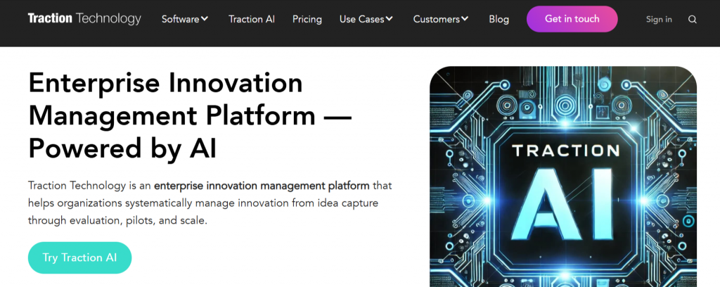 Traction Technology homepage featuring an AI-powered enterprise innovation management platform.