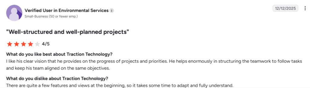 Customer review of Traction Technology innovation software praising its project structuring and team alignment features.