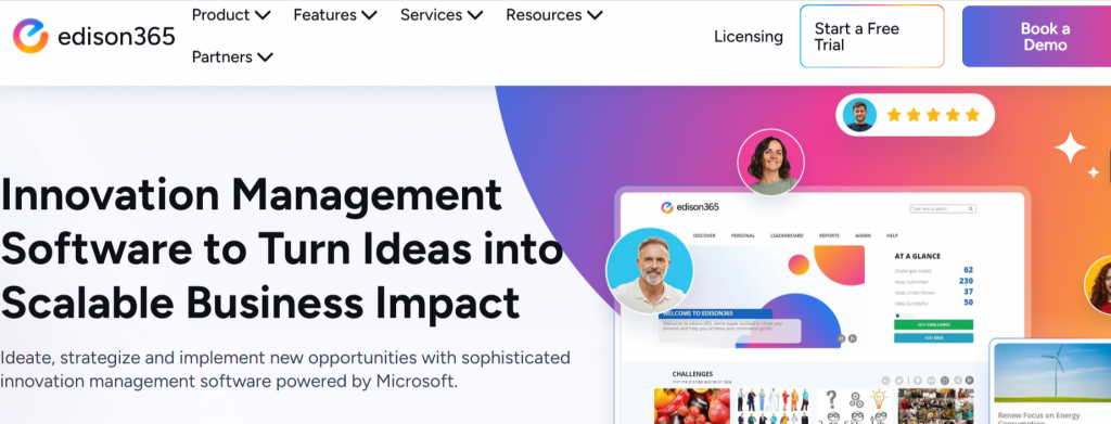 edison365 homepage featuring Microsoft-powered innovation management software to turn ideas into scalable business impact.