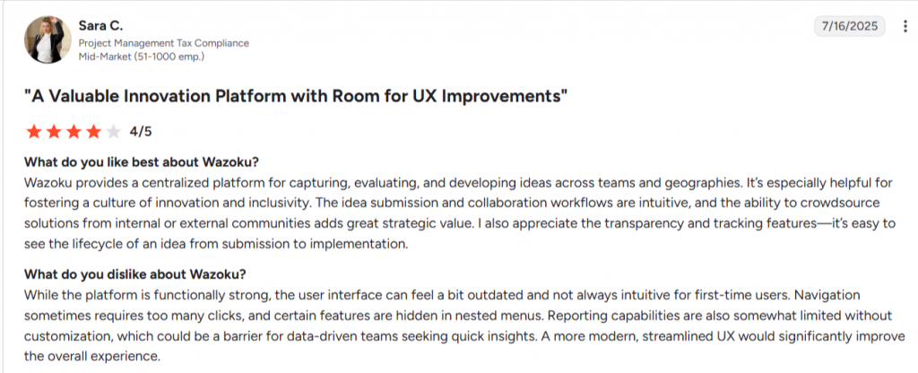 User review for Wazoku innovation management software highlighting crowdsourcing, idea tracking, and potential UX improvements.
