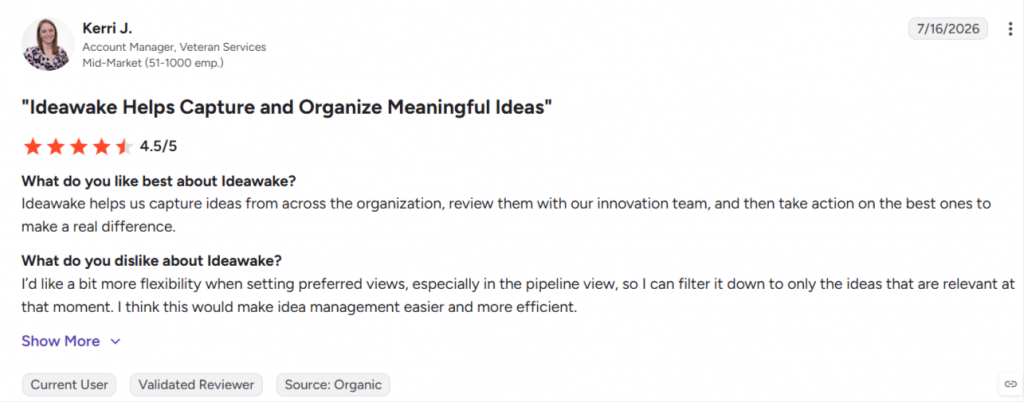 User review of Ideawake innovation management software praising its ability to capture and organize ideas across teams.