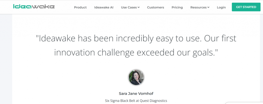 Customer testimonial on the Ideawake homepage highlighting ease of use for innovation challenges.