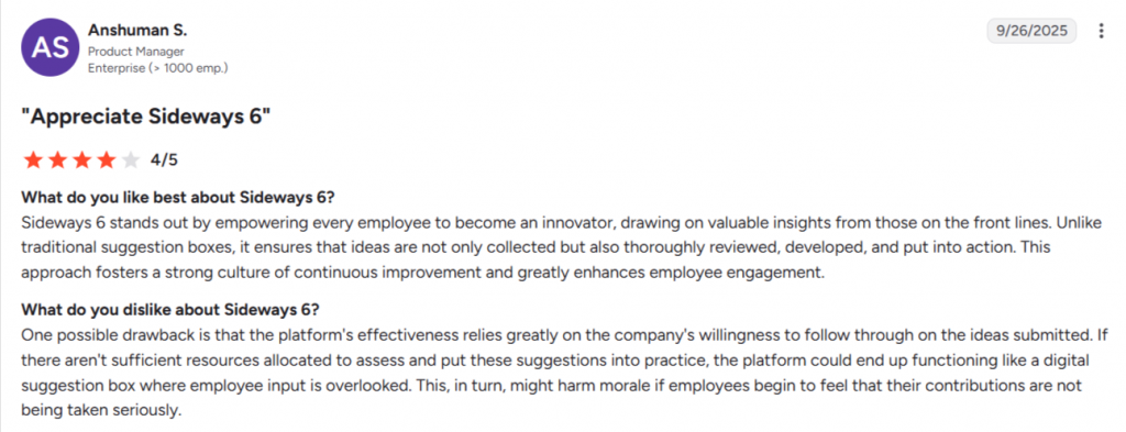 User review of Sideways 6 innovation management software praising employee engagement and frontline idea collection.