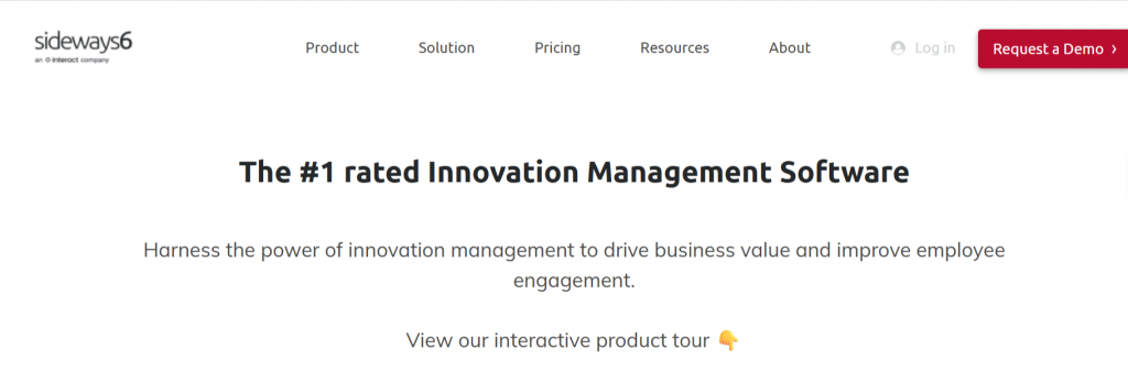 Sideways 6 homepage hero section featuring its top-rated innovation management software for driving business value and employee engagement.