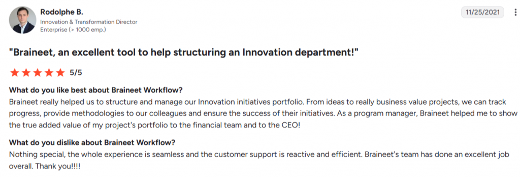 User review of Braineet Workflow innovation management software praising portfolio tracking, methodology support, and value reporting.