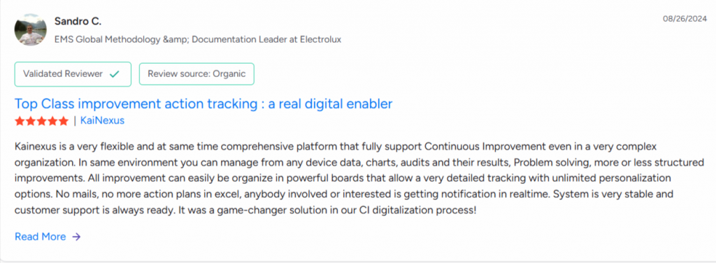 Positive user review of KaiNexus innovation management software highlighting continuous improvement tracking and workflow digitalization.