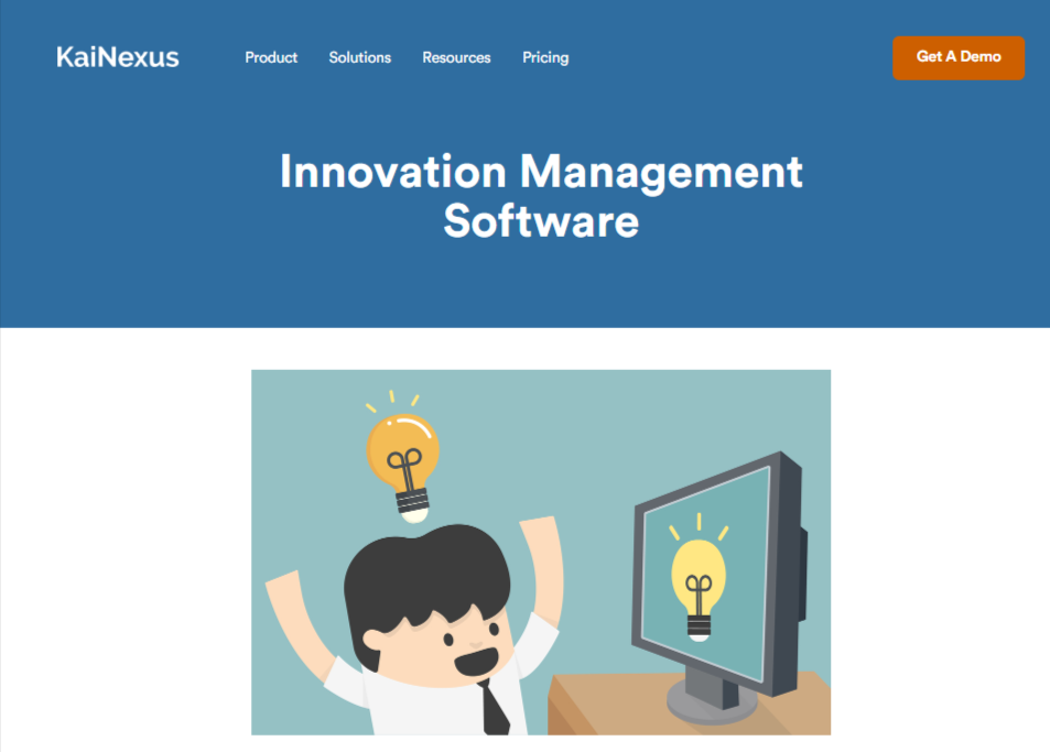 KaiNexus landing page header featuring its innovation management software platform with a demo request option.