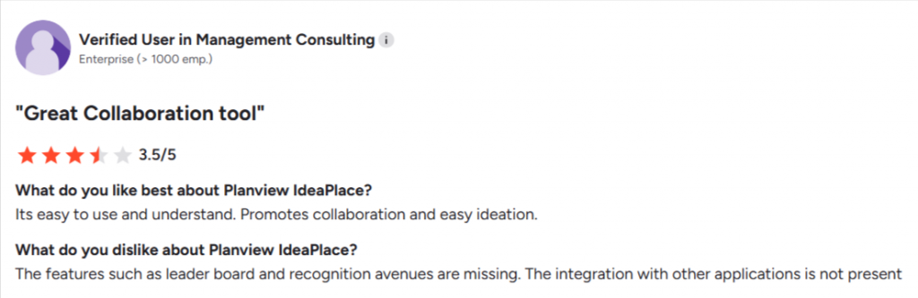 User review of Planview IdeaPlace innovation management software praising ease of use and collaboration features.