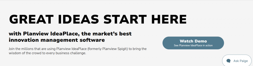 Planview IdeaPlace homepage header highlighting its innovation management software with a demo button.