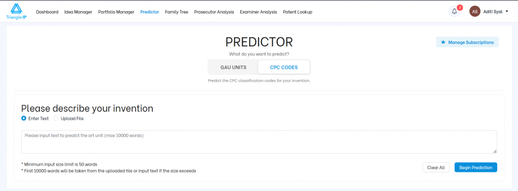 CPC Code Predictor with in the Triangle IP's Predictor Tool.