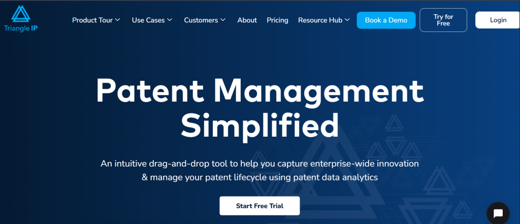 Triangle IP homepage banner showcasing patent management software with a call to action to start a free trial.
