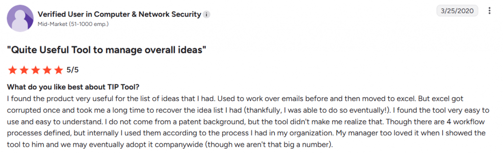 Verified user review praising the Triangle IP TIP Tool for simplified idea management and ease of use.