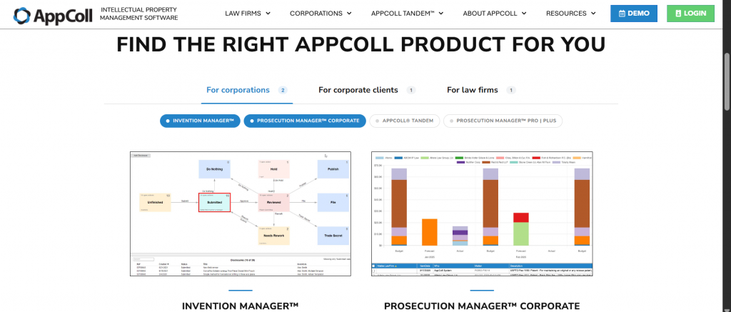 AppColl intellectual property management software product selection page featuring Invention Manager and Prosecution Manager Corporate.