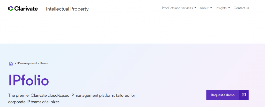 Clarivate IPfolio cloud-based IP management platform homepage banner for corporate IP teams.