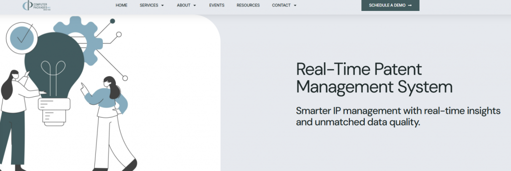 Computer Packages Inc. real-time patent management system landing page offering IP data quality and insights.