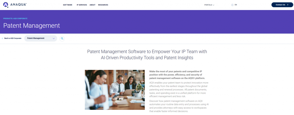 Anaqua AQX Corporate patent management software web page showcasing AI-driven IP tools and team productivity features.