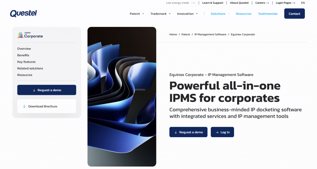 Questel Equinox Corporate IP management software webpage presenting IP docketing tools for enterprise organizations.