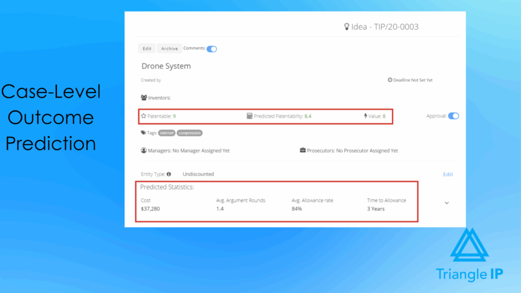 Case level outcome prediction-Patent prosecution software