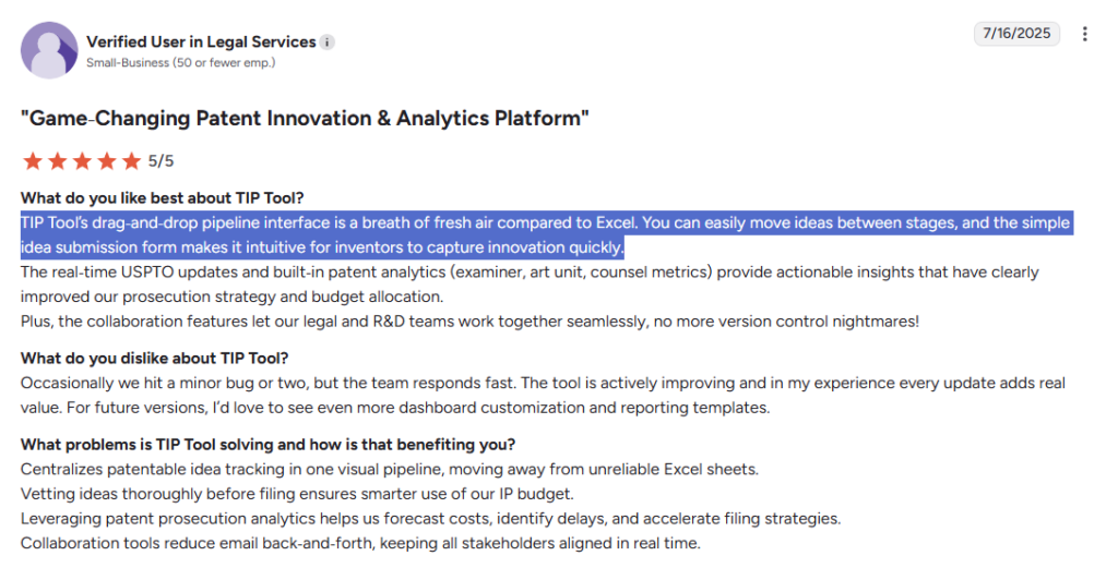Customer review highlighting drag-and-drop workflows, real-time collaboration, and patent analytics benefits of idea organization software