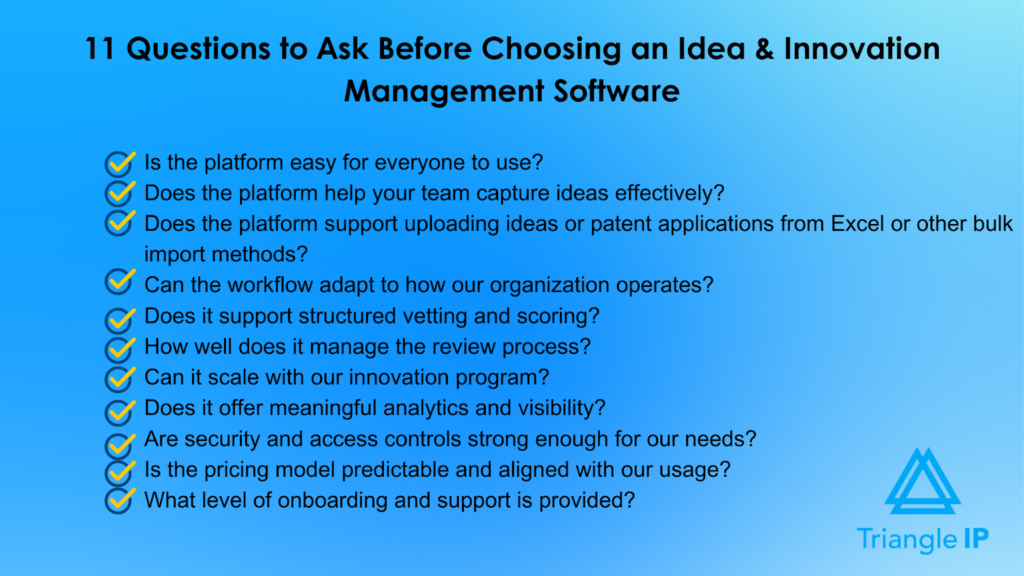Checklist of key questions to evaluate idea & innovation management software, covering usability, workflows, analytics, security, scalability, and support.