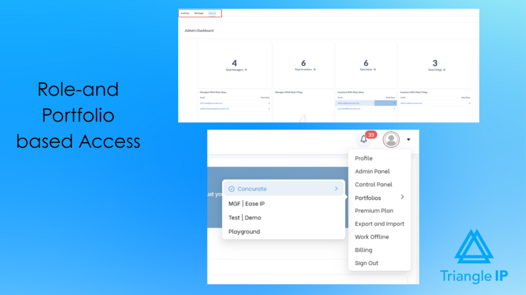 Patent tracking software interface showing role-based and portfolio-based access controls for users