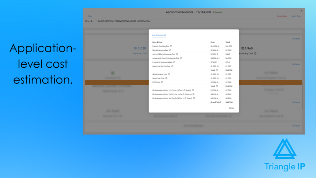 IP management solutions showing application-level patent cost estimation and forecasting