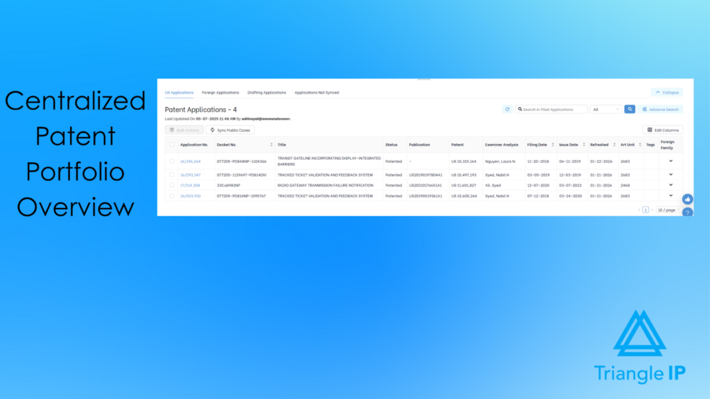 Patent portfolio software providing a centralized overview of patent applications and statuses