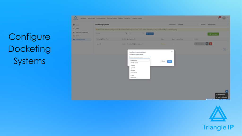 Patent tracking software interface for configuring docketing system integrations and syncing application data
