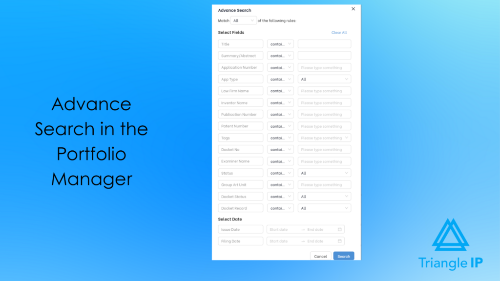 Patent portfolio software featuring advanced search and filtering across the patent portfolio