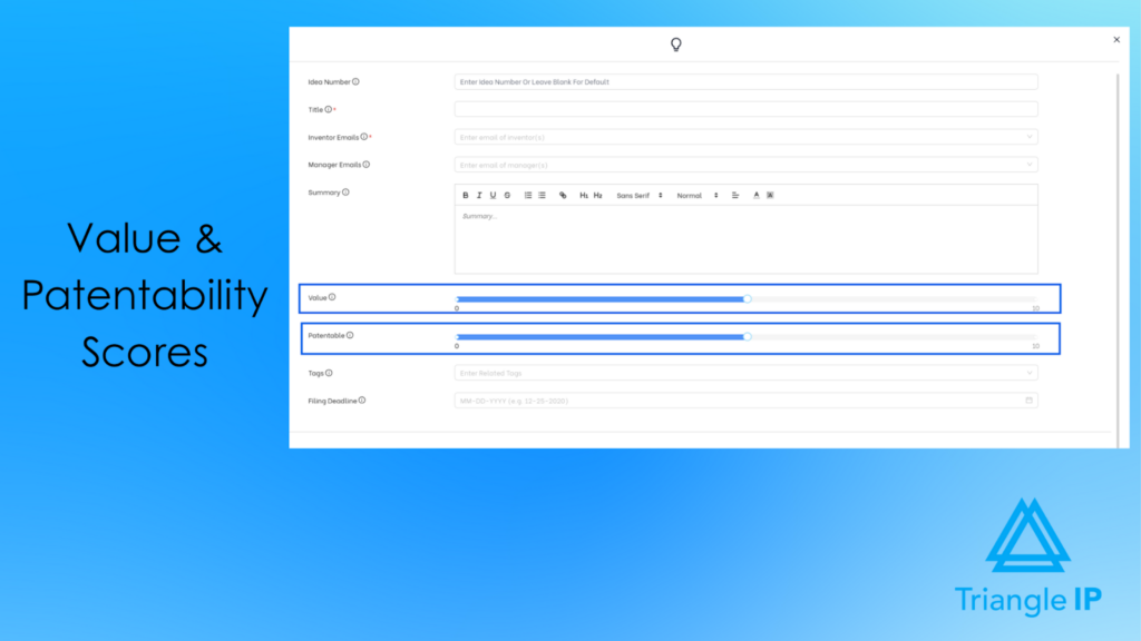 Idea tracking software assigning value and patentability scores to submitted ideas