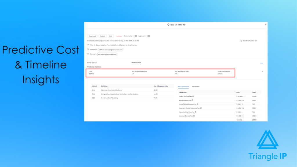 Idea tracking software providing predictive cost and timeline insights for idea evaluation