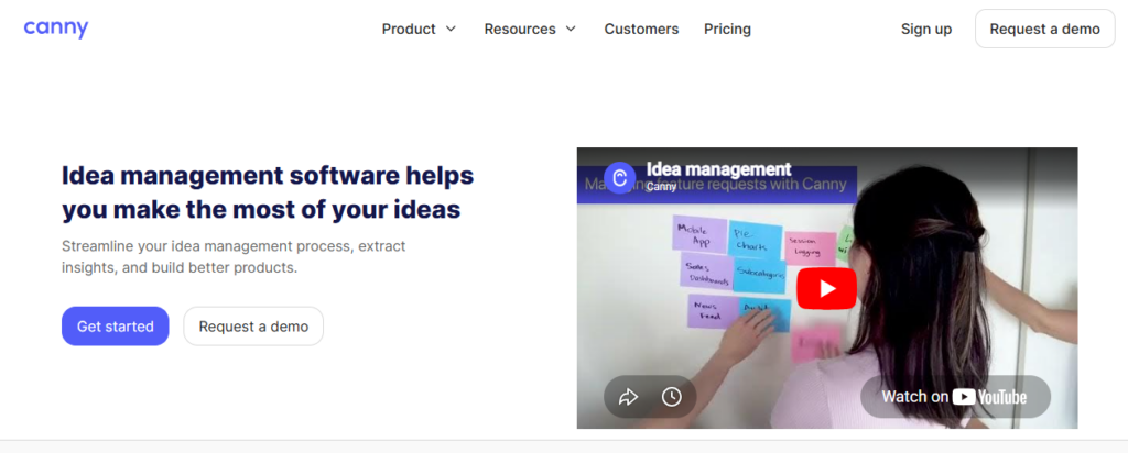 Idea management software homepage screenshot demonstrating Canny's idea tracking software with an embedded product video overview.