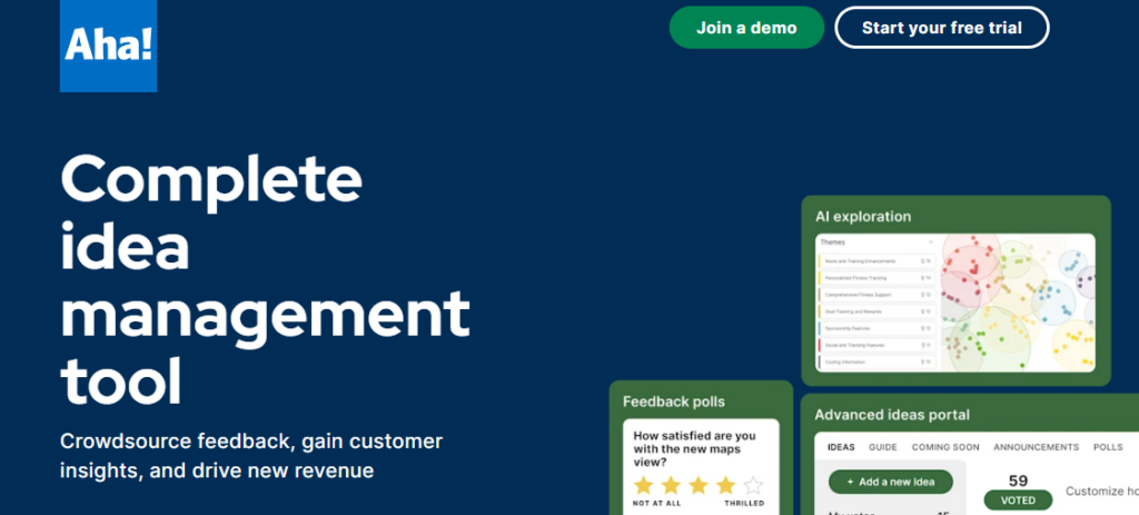 Aha homepage screenshot showcasing their complete idea management tool with an advanced ideas portal, feedback polls, and AI exploration features.
