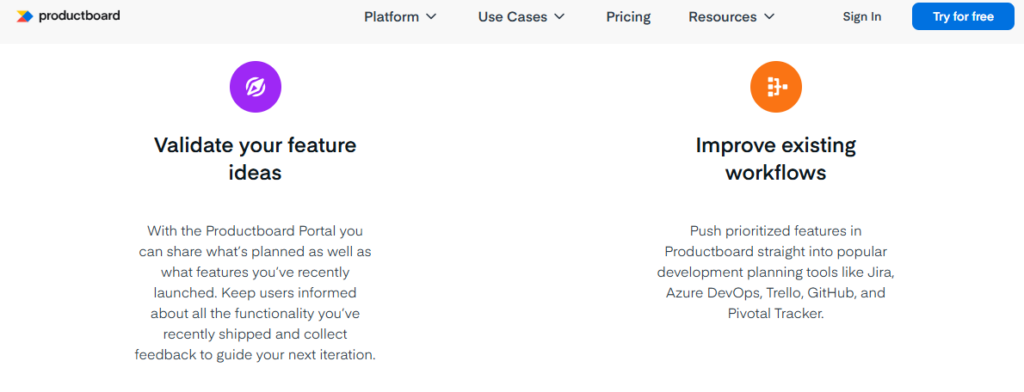 Productboard platform screenshot showing features to validate feature ideas and improve existing workflows with integrated idea tracking software.