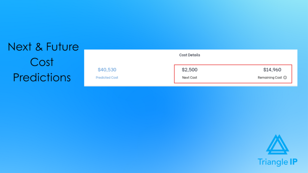 Patent tracking software displaying predicted, next, and remaining prosecution costs for a patent application