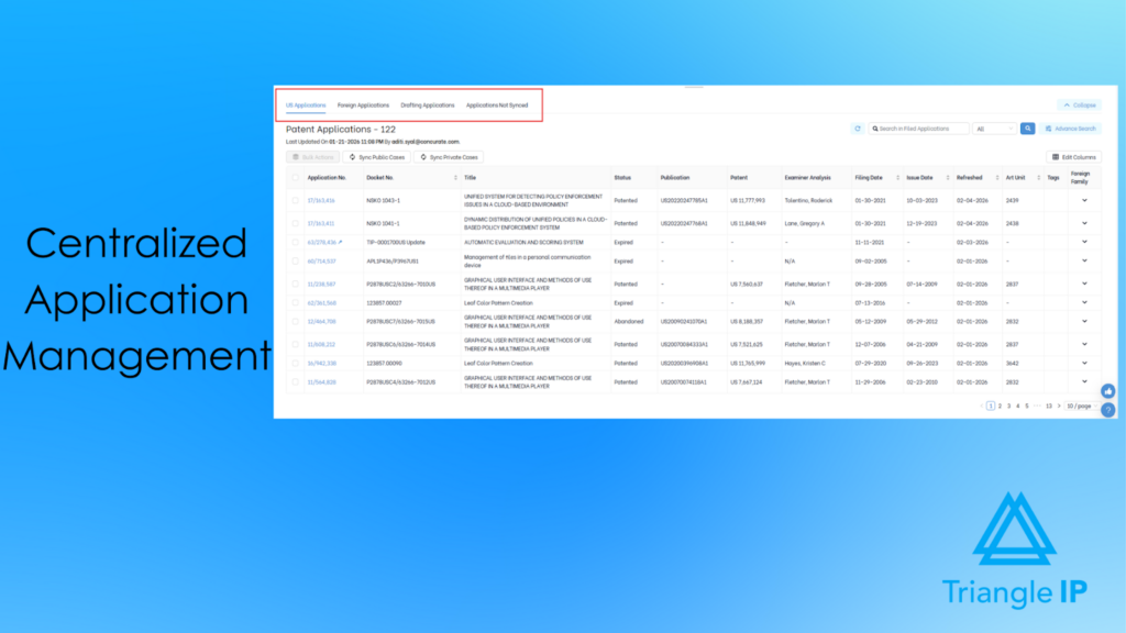 Centralized application management view in TIP tool patent portfolio management software displaying patent statuses, filing dates, examiners, and jurisdictions.