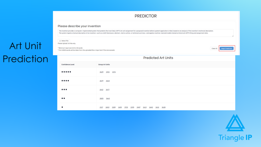 AppColl alternative TIP Tool Art Unit Prediction dashboard showing predicted USPTO group art units and confidence levels for smarter pre-filing decisions