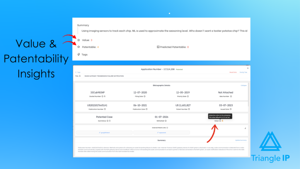 AppColl alternative TIP Tool patentability and value scoring interface showing predicted patent score and application summary insights