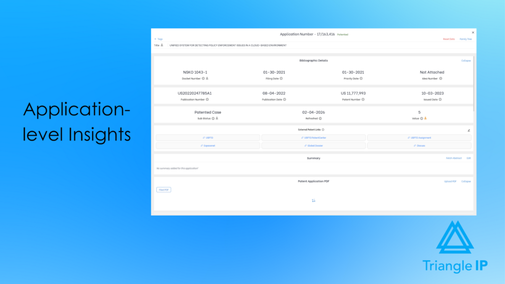 Application-level insights in patent portfolio management software showing prosecution history, key dates, patent status, and related documents.