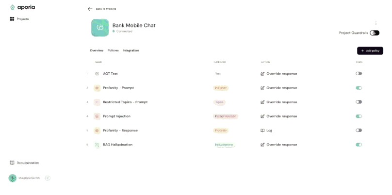 Aporia dashboard monitoring innovative chatbot outputs with AI guardrails and hallucination detection