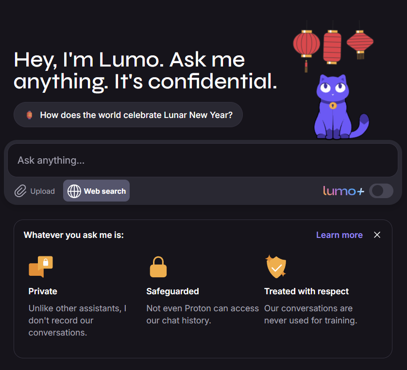 Lumo innovative chatbot showcasing privacy-first AI assistant with encrypted and confidential conversations