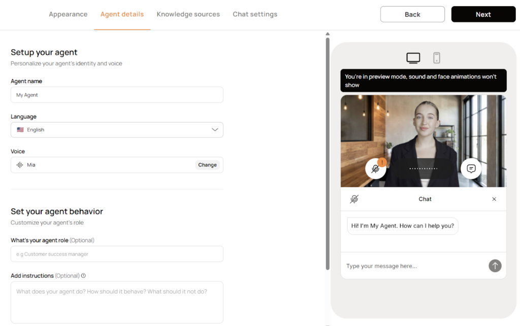 Avatar-based innovative chatbot builder interface with customizable voice and digital presenter preview
