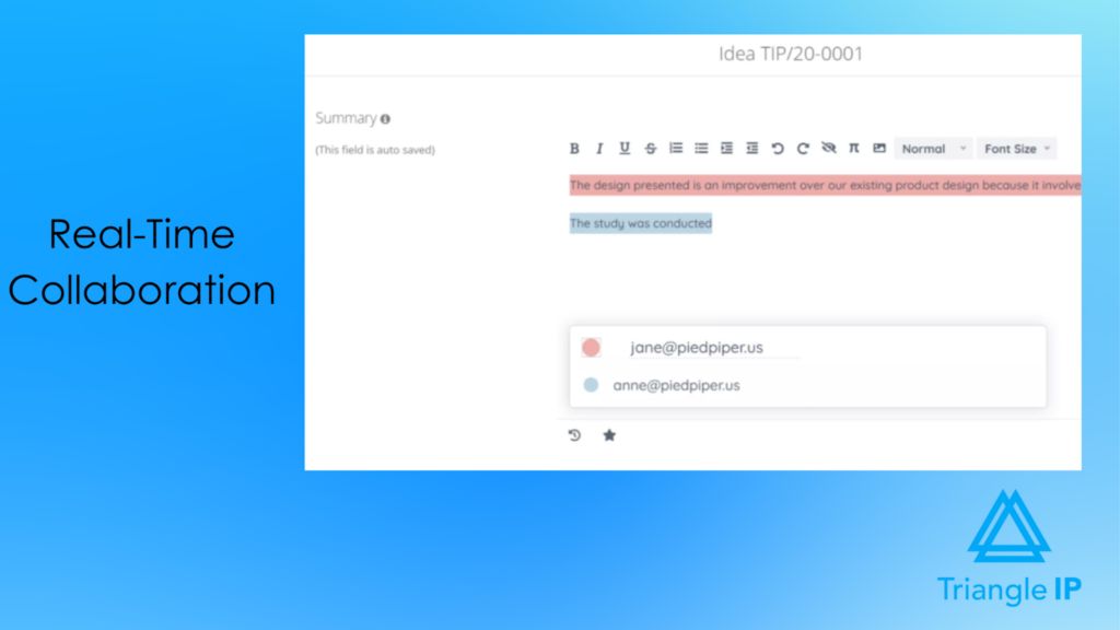 TIP tool's Real-time collaboration interface for drafting invention disclosures 