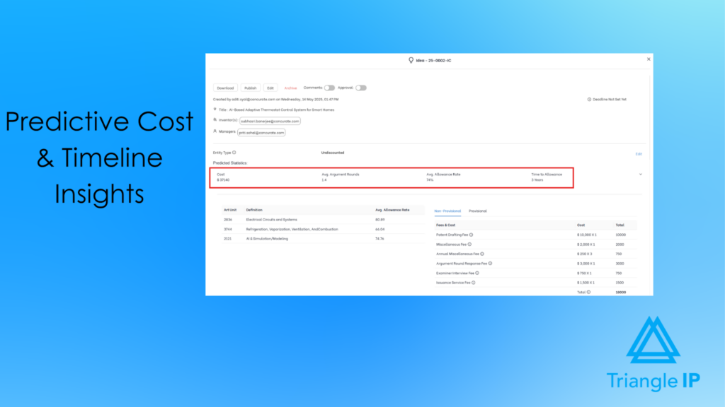TIP Tool's Predictive patent cost and prosecution timeline reducing patent misconceptions about filing complexity