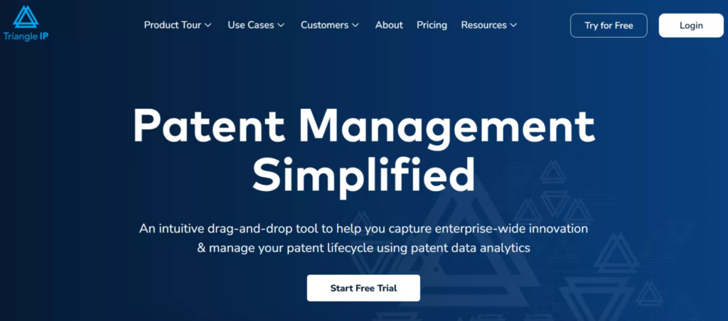 Triangle IP homepage banner showcasing patent management software with a call to action for a free trial.