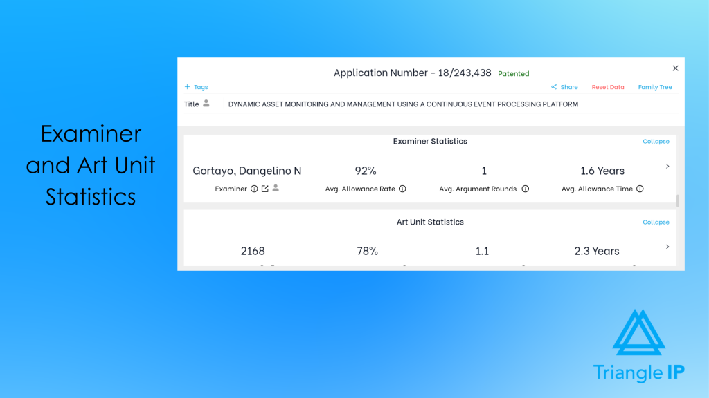 Triangle IP patent analytics dashboard showing patent examiner and art unit allowance statistics.