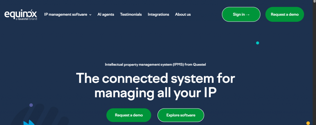 Equinox IP management system platform homepage banner from Questel.