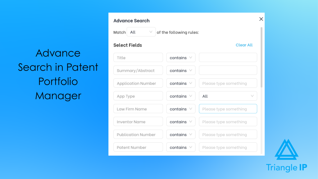 Triangle IP advance search interface for filtering patent portfolio data by fields like title, app type, and inventor name.